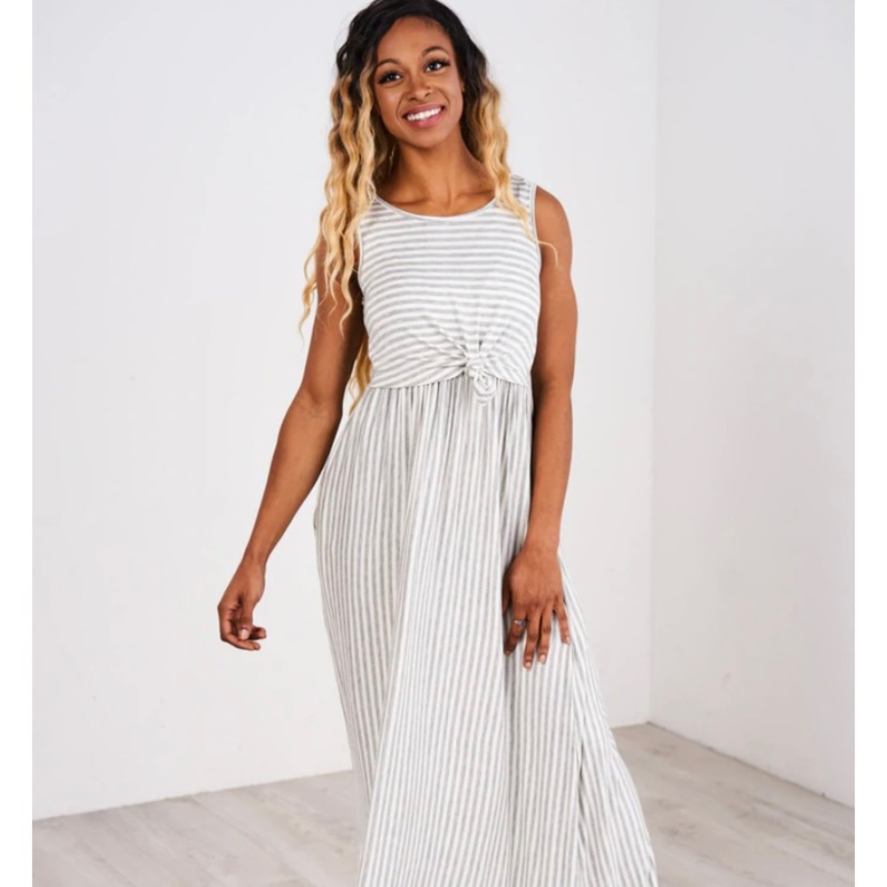 Latched Mama gray and white striped nursing dress/maxi